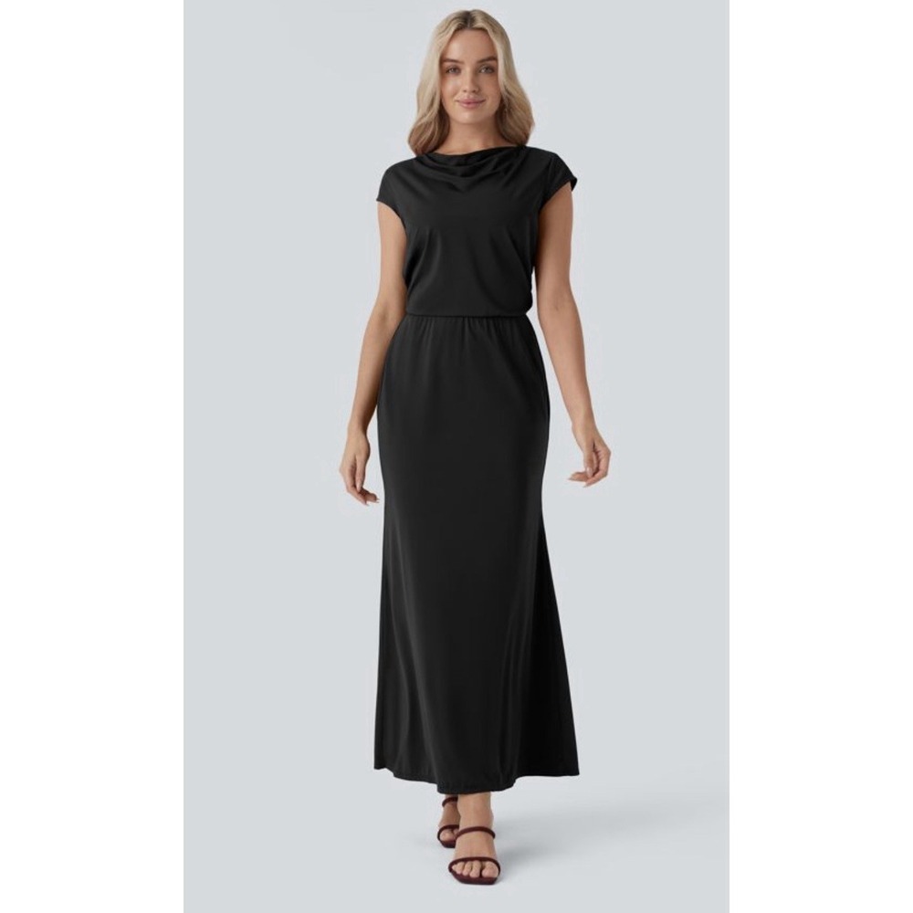 NWT Halara Tie Back Cowl Neck Cap Sleeve Maxi Dress Slip Black Yarn Small Witchy